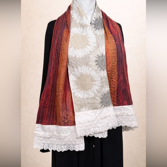 Artisan Reversible Handmade Scarf Lace Trim Sunflower + Red Gold Boho Wrap